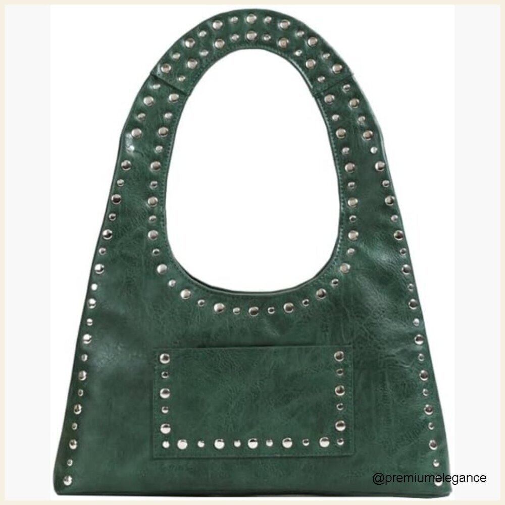 PU Leather Hobo Bag Studded Punk Tote Shoulder Purse Women's Handbag